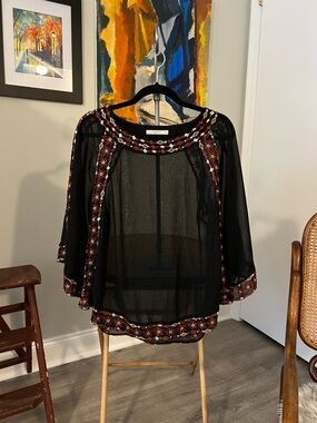 hazel Black Sheer Blouse with Red/Orange Embroidered Trim